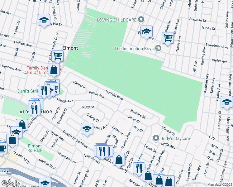 map of restaurants, bars, coffee shops, grocery stores, and more near 182 Norfeld Boulevard in Elmont