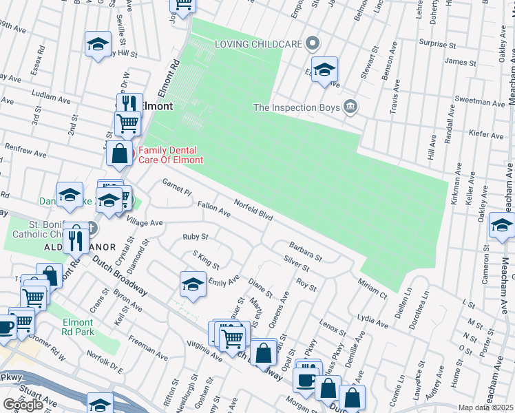 map of restaurants, bars, coffee shops, grocery stores, and more near 182 Norfeld Boulevard in Elmont