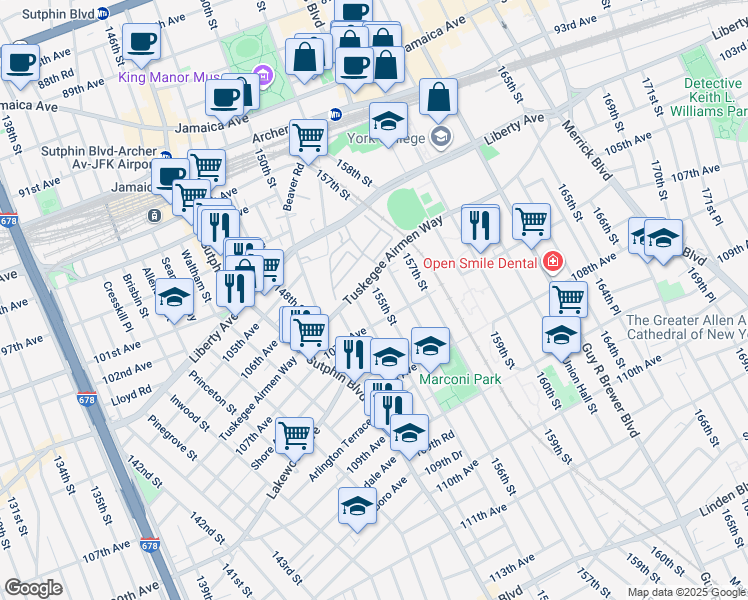 map of restaurants, bars, coffee shops, grocery stores, and more near 106-15 155th Street in Queens