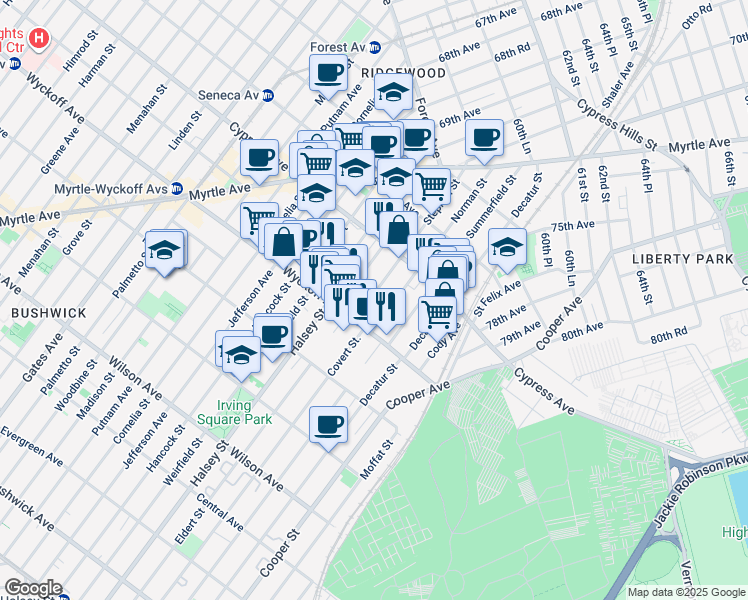 map of restaurants, bars, coffee shops, grocery stores, and more near 1639 Stephen Street in Queens
