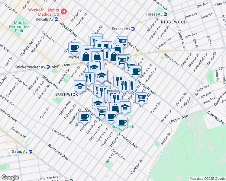 map of restaurants, bars, coffee shops, grocery stores, and more near 1428 Putnam Avenue in Brooklyn