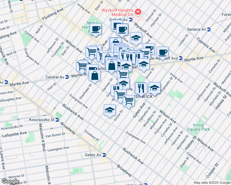 map of restaurants, bars, coffee shops, grocery stores, and more near 155 Bleecker Street in Brooklyn
