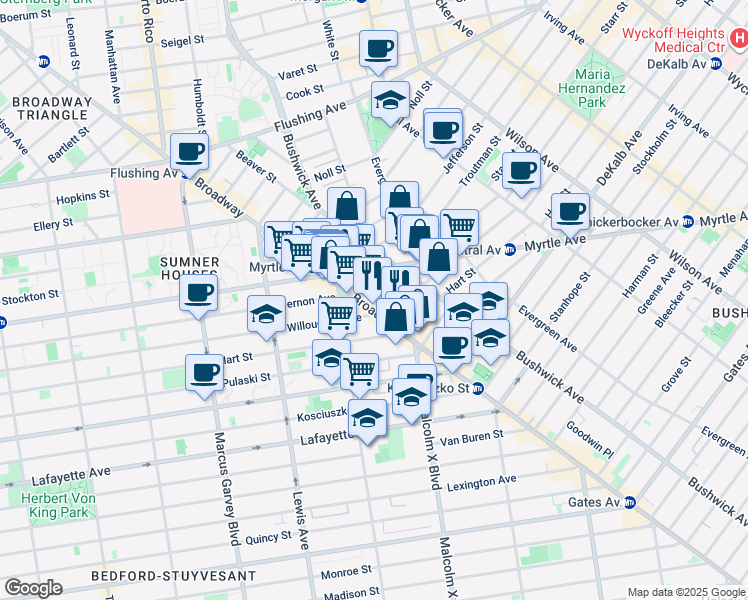 map of restaurants, bars, coffee shops, grocery stores, and more near 12 Ditmars Street in Brooklyn
