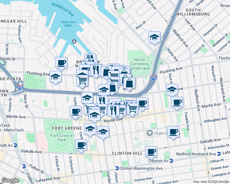map of restaurants, bars, coffee shops, grocery stores, and more near 39-53 Waverly Avenue in Brooklyn