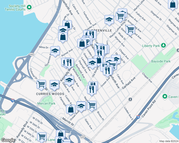 map of restaurants, bars, coffee shops, grocery stores, and more near 15 Greenville Avenue in Jersey City