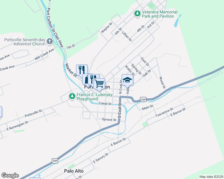 map of restaurants, bars, coffee shops, grocery stores, and more near 224 Washington Street in Port Carbon