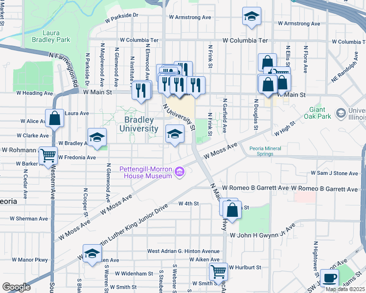 map of restaurants, bars, coffee shops, grocery stores, and more near 1113 West Bradley Avenue in Peoria