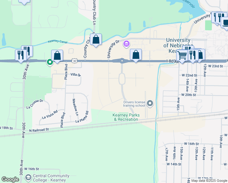 map of restaurants, bars, coffee shops, grocery stores, and more near 3 Cedar Lane in Kearney