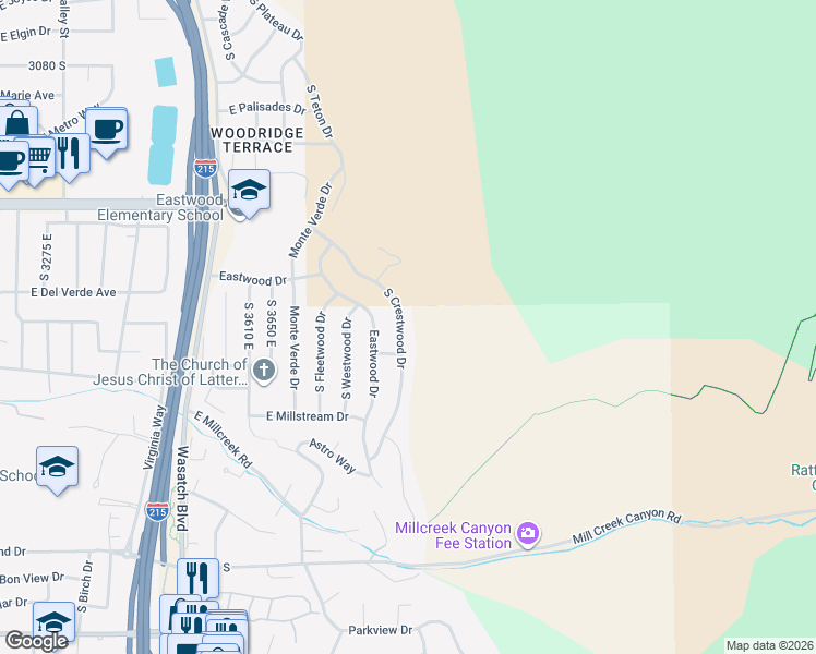 map of restaurants, bars, coffee shops, grocery stores, and more near 3459 South Crestwood Drive in Salt Lake City