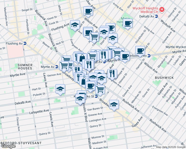 map of restaurants, bars, coffee shops, grocery stores, and more near 9 Cedar Street in Brooklyn