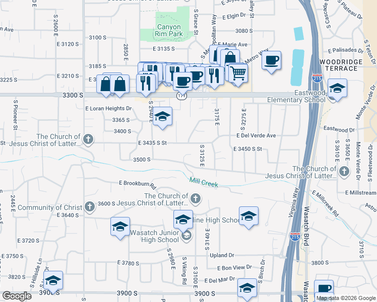 map of restaurants, bars, coffee shops, grocery stores, and more near 3094 East Evergreen Avenue in Salt Lake City