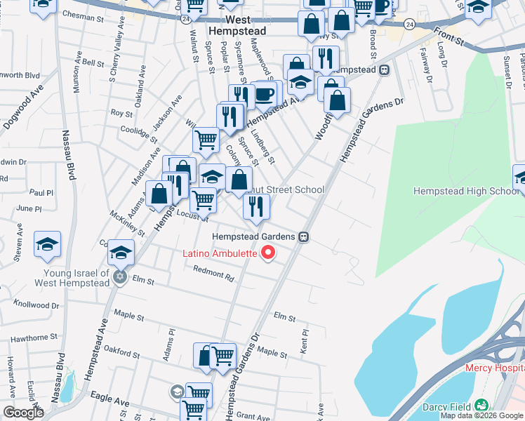 map of restaurants, bars, coffee shops, grocery stores, and more near 326 Woodfield Road in West Hempstead