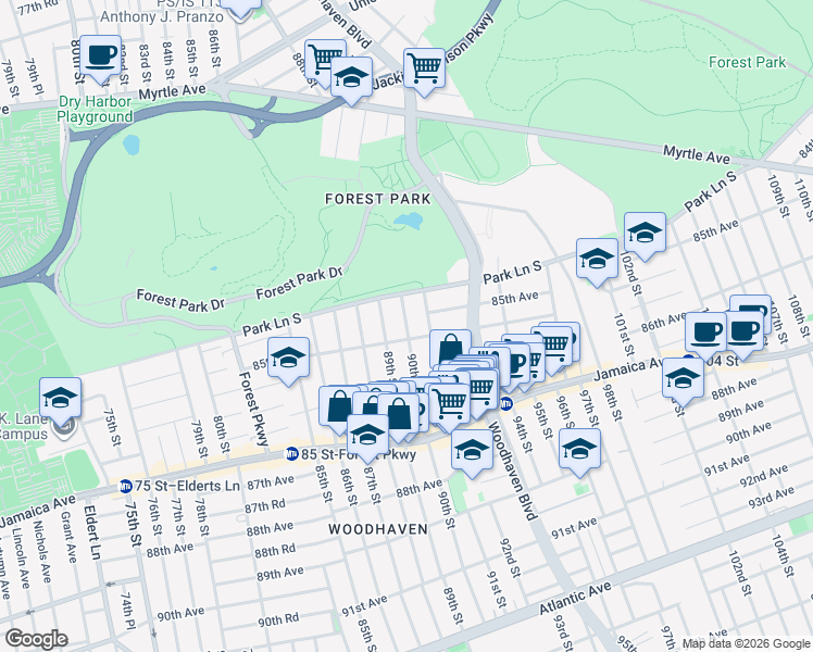 map of restaurants, bars, coffee shops, grocery stores, and more near 84-23 90th Street in Queens