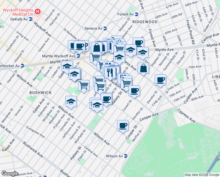 map of restaurants, bars, coffee shops, grocery stores, and more near in Queens