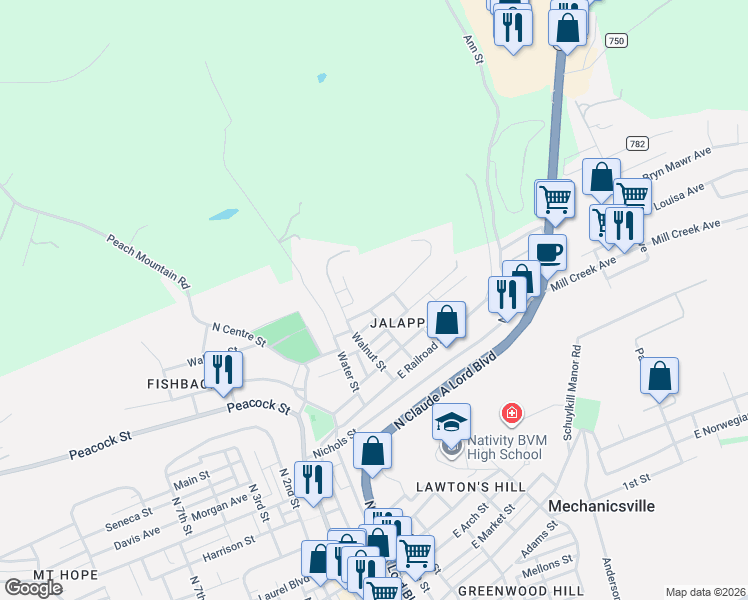 map of restaurants, bars, coffee shops, grocery stores, and more near 352 North Street in Pottsville