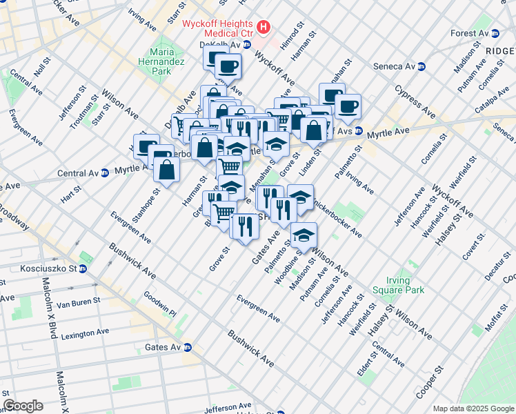 map of restaurants, bars, coffee shops, grocery stores, and more near Wilson Avenue in Brooklyn