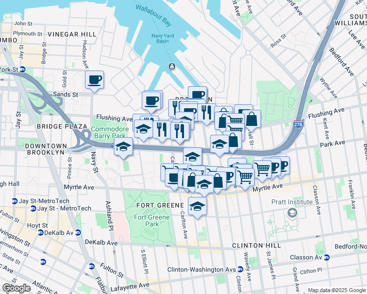 map of restaurants, bars, coffee shops, grocery stores, and more near 50 Adelphi St in Brooklyn