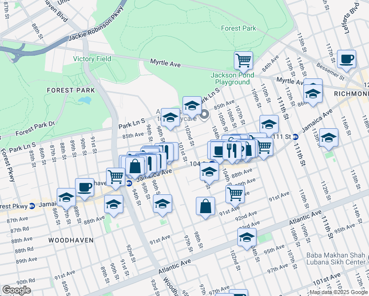 map of restaurants, bars, coffee shops, grocery stores, and more near 85-60 102nd Street in Queens