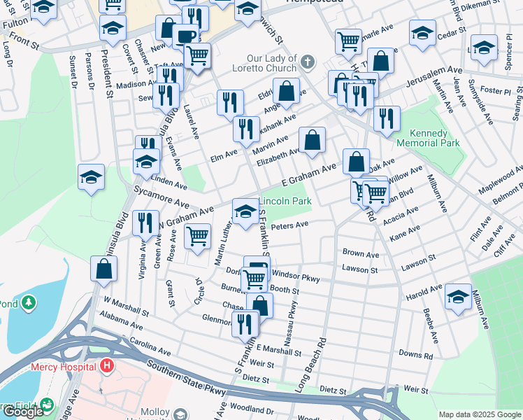 map of restaurants, bars, coffee shops, grocery stores, and more near 295 South Franklin Street in Hempstead