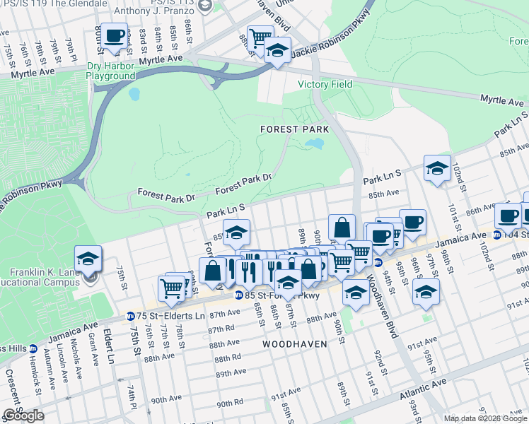 map of restaurants, bars, coffee shops, grocery stores, and more near 84-16 87th Street in Queens