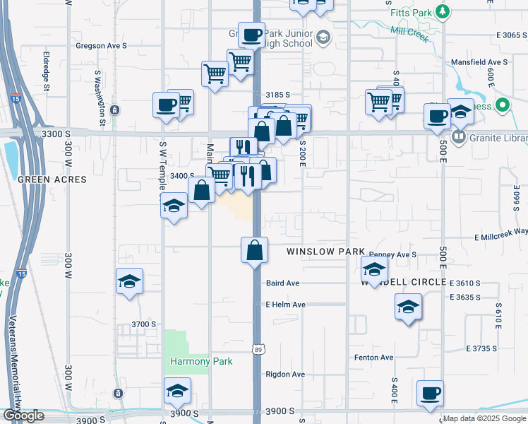 map of restaurants, bars, coffee shops, grocery stores, and more near 3461 South State Street in South Salt Lake