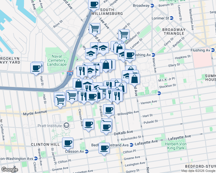 map of restaurants, bars, coffee shops, grocery stores, and more near 64 Skillman Street in Brooklyn