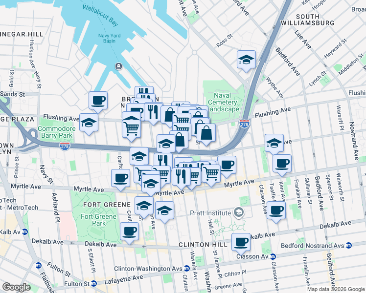 map of restaurants, bars, coffee shops, grocery stores, and more near 275 Park Avenue in Brooklyn