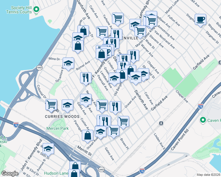 map of restaurants, bars, coffee shops, grocery stores, and more near 15 Greenville Avenue in Jersey City