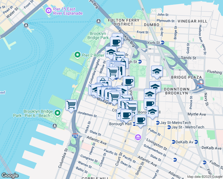 map of restaurants, bars, coffee shops, grocery stores, and more near 138 Henry Street in Brooklyn
