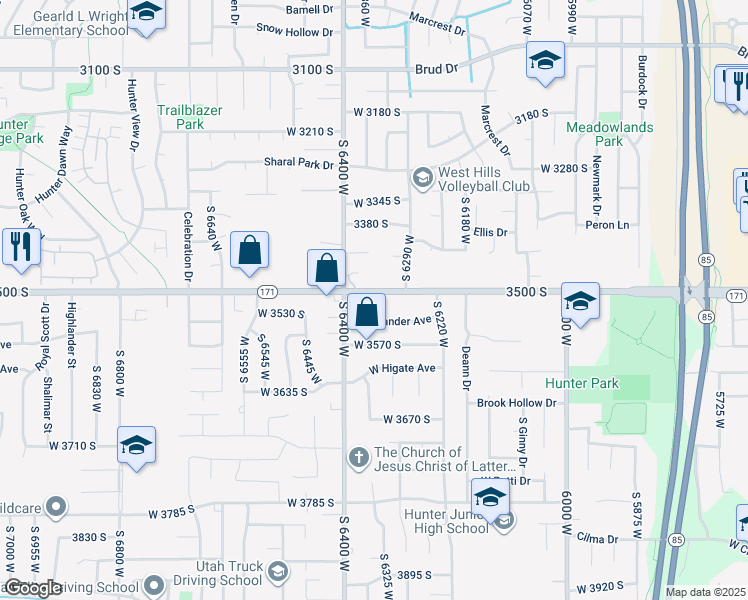 map of restaurants, bars, coffee shops, grocery stores, and more near 6345 West 3500 South in West Valley City