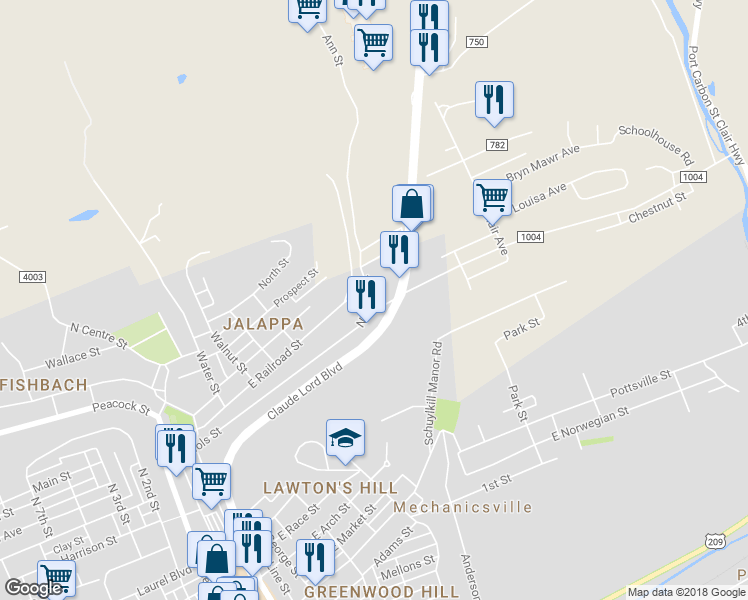 map of restaurants, bars, coffee shops, grocery stores, and more near 501 Nichols Street in Pottsville