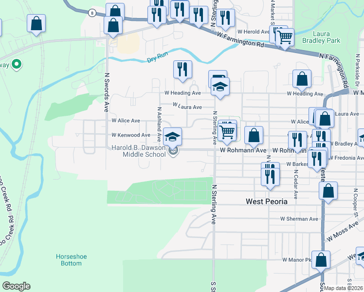 map of restaurants, bars, coffee shops, grocery stores, and more near 2622 West Kenwood Avenue in West Peoria