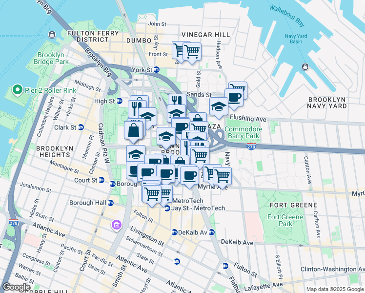 map of restaurants, bars, coffee shops, grocery stores, and more near 145 Tillary Street in Brooklyn