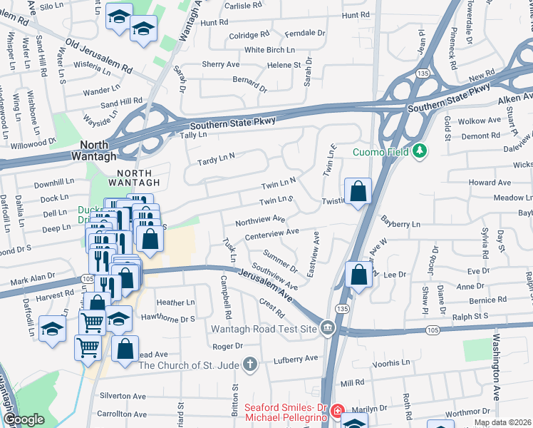 map of restaurants, bars, coffee shops, grocery stores, and more near 341 Twin Lane South in Wantagh