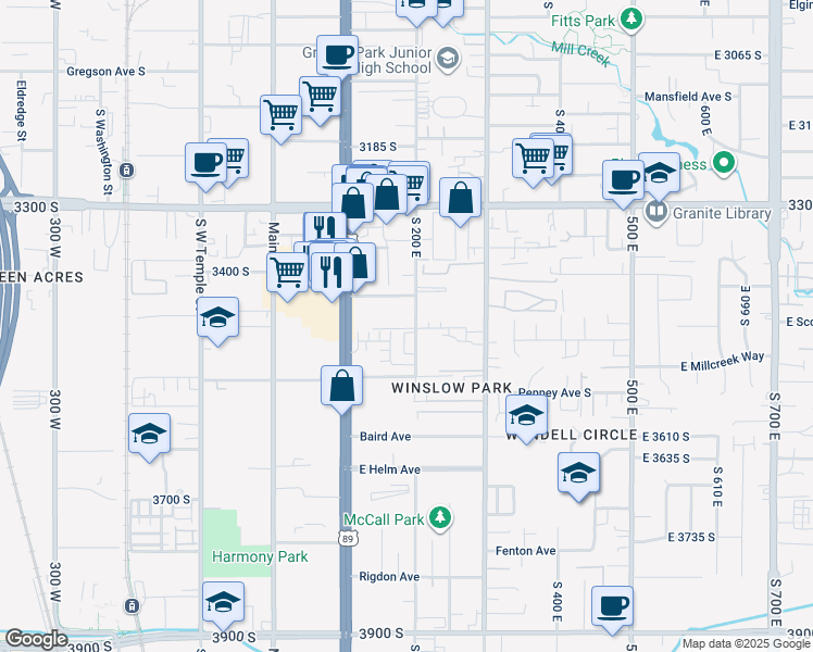 map of restaurants, bars, coffee shops, grocery stores, and more near 185 East Majestic Elms Place in South Salt Lake