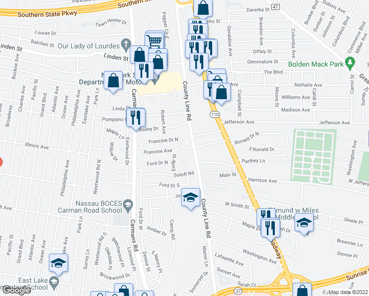 map of restaurants, bars, coffee shops, grocery stores, and more near 27 Francine Avenue in Amityville