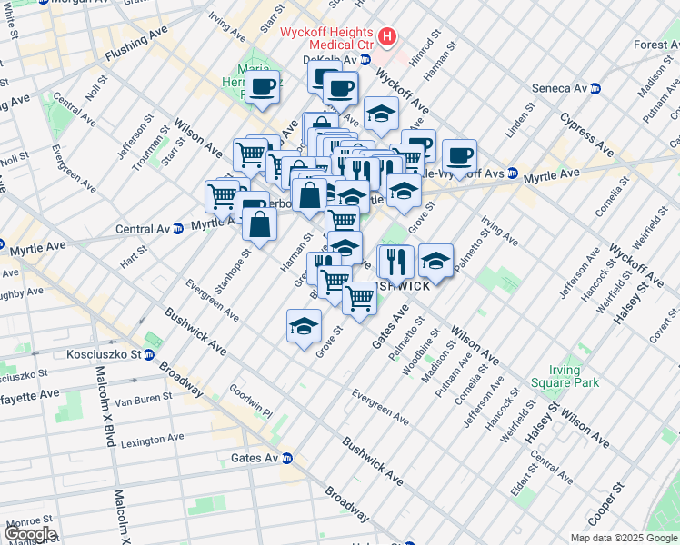 map of restaurants, bars, coffee shops, grocery stores, and more near 156 Bleecker Street in Brooklyn