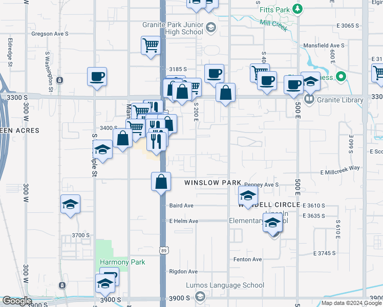 map of restaurants, bars, coffee shops, grocery stores, and more near 185 East Majestic Elms Place in South Salt Lake