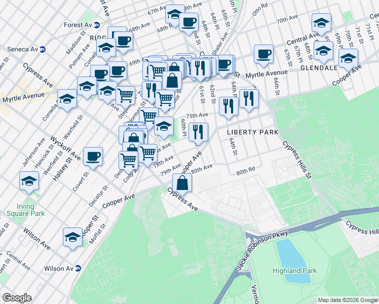 map of restaurants, bars, coffee shops, grocery stores, and more near 60-30 78th Avenue in Queens