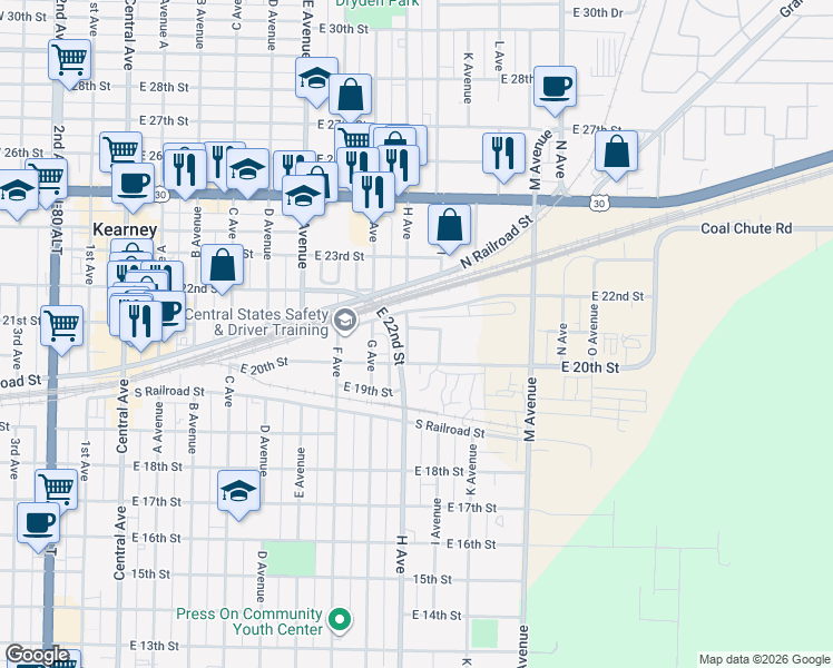map of restaurants, bars, coffee shops, grocery stores, and more near 800-898 E 21st St in Kearney