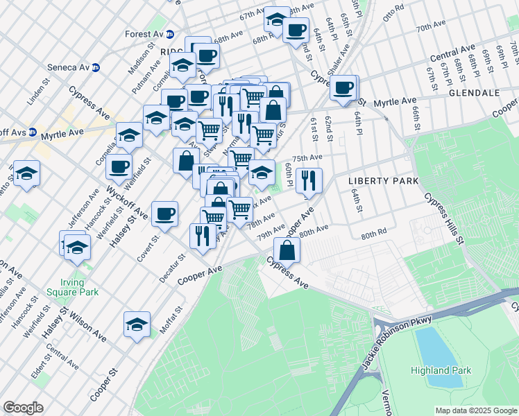 map of restaurants, bars, coffee shops, grocery stores, and more near 5852 Saint Felix Avenue in Queens