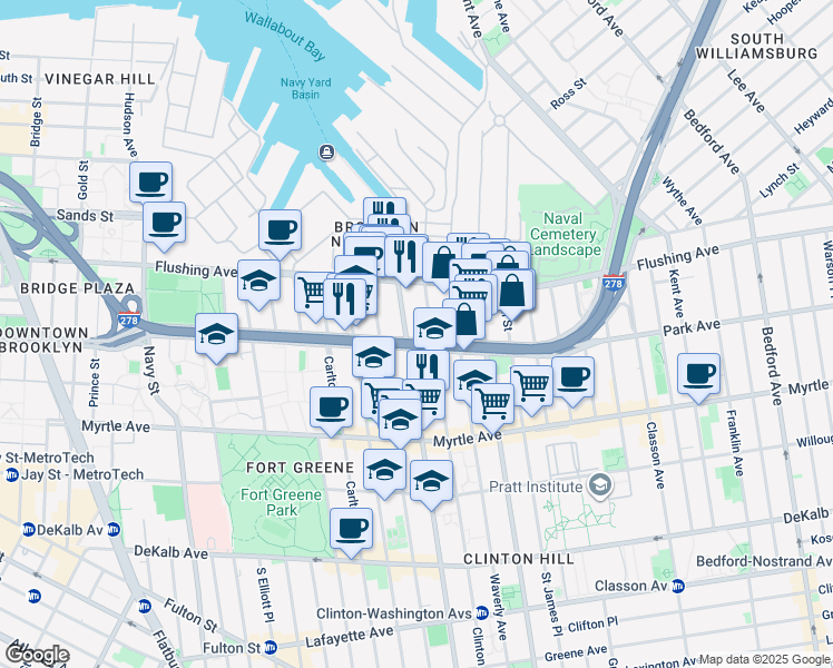 map of restaurants, bars, coffee shops, grocery stores, and more near 235 Park Avenue in Brooklyn