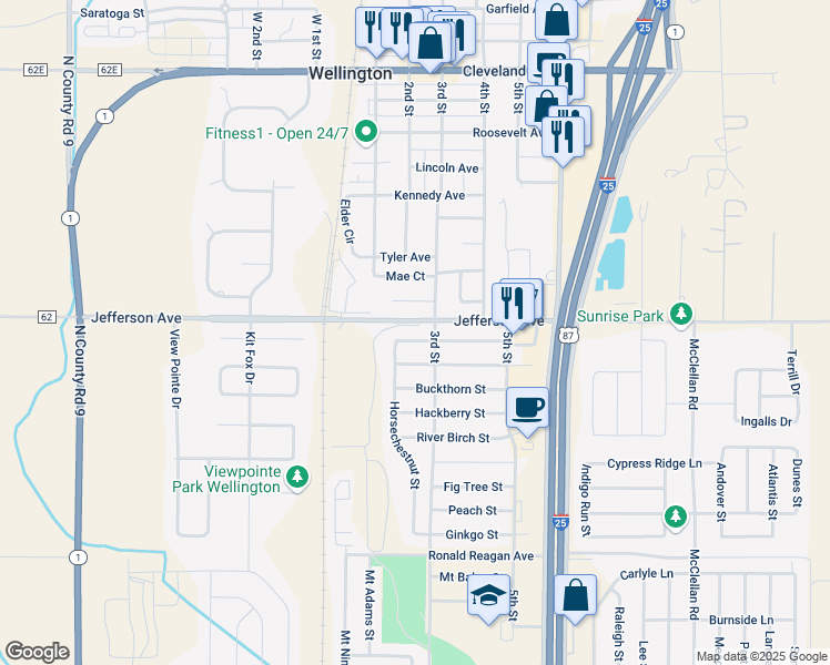 map of restaurants, bars, coffee shops, grocery stores, and more near 3774 Beech Tree Street in Wellington