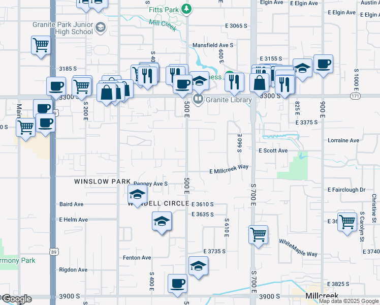 map of restaurants, bars, coffee shops, grocery stores, and more near 3463 South 500 East in South Salt Lake