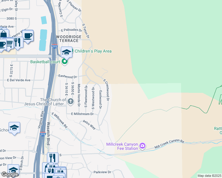 map of restaurants, bars, coffee shops, grocery stores, and more near 3459 South Crestwood Drive in Salt Lake City