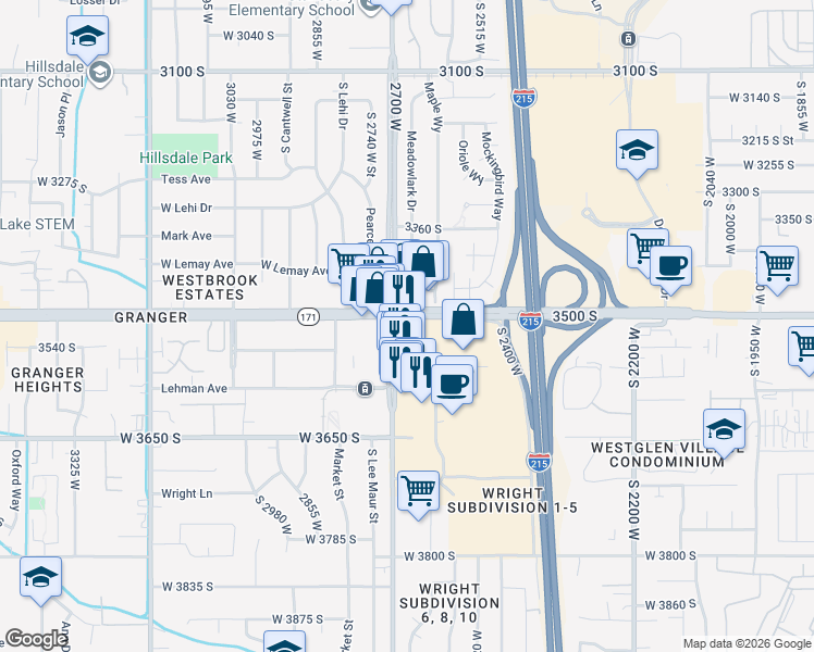 map of restaurants, bars, coffee shops, grocery stores, and more near 3515 West Constitution Drive in West Valley City