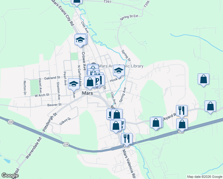 map of restaurants, bars, coffee shops, grocery stores, and more near 335 Clay Avenue in Mars