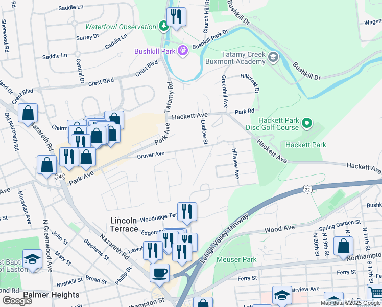 map of restaurants, bars, coffee shops, grocery stores, and more near 2140 Gruver Avenue in Easton