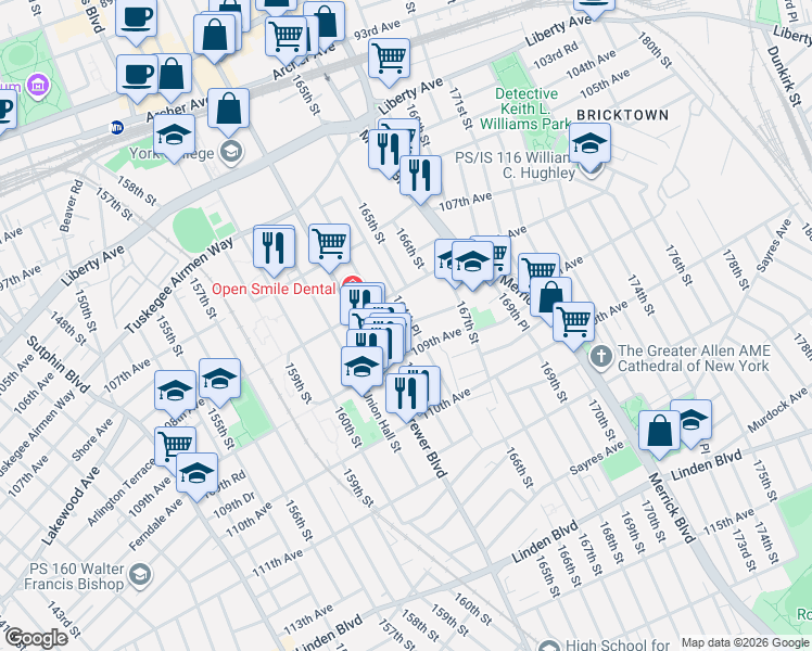 map of restaurants, bars, coffee shops, grocery stores, and more near 108-20 164th Place in Queens