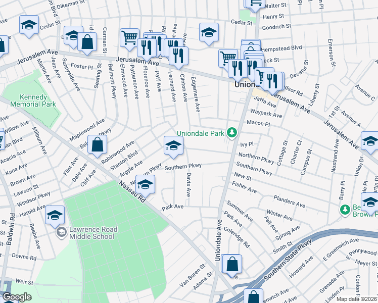 map of restaurants, bars, coffee shops, grocery stores, and more near 636 Davis Avenue in Uniondale